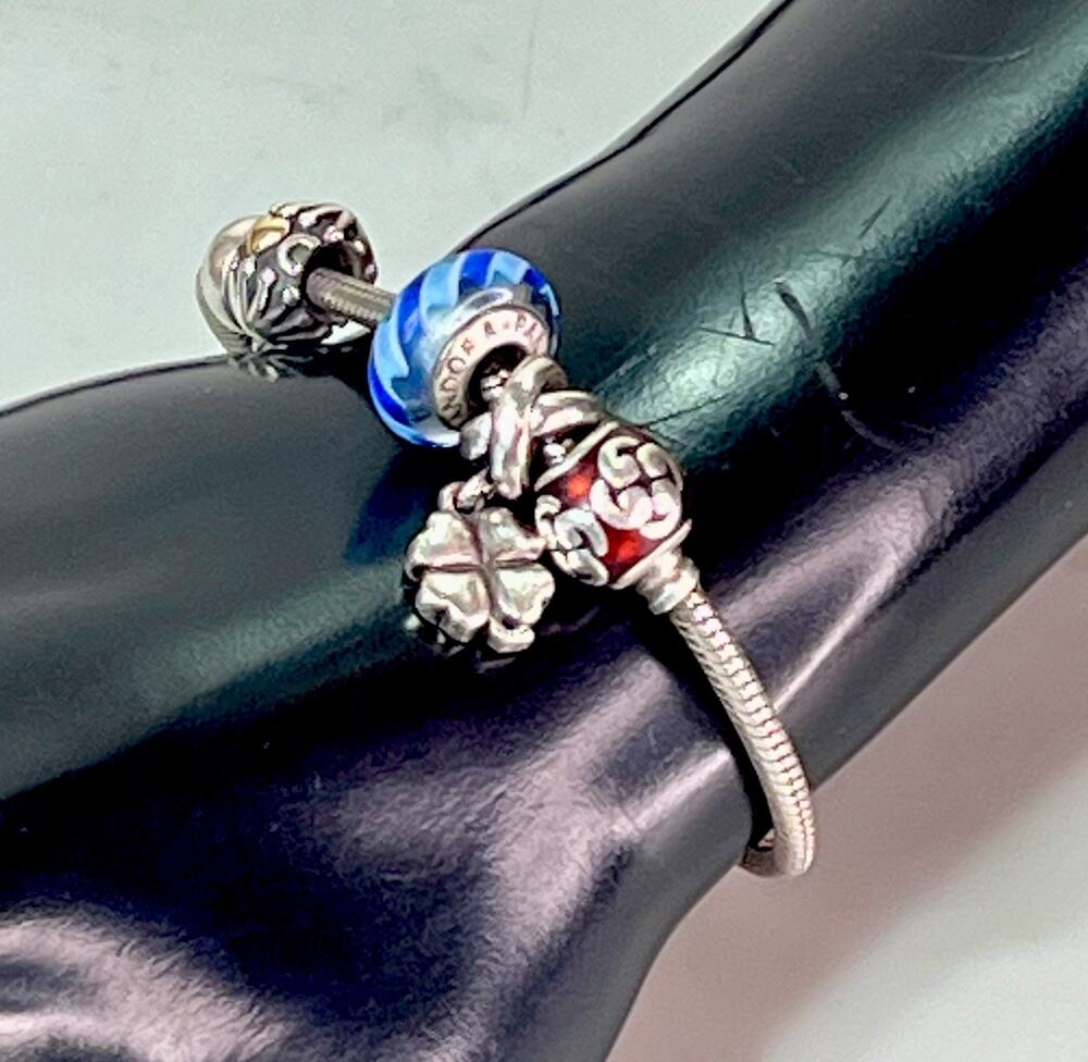 PANDORA Sterling Silver Snake Chain Bracelet Barrel Clasp w 7 Charms Safety Chn